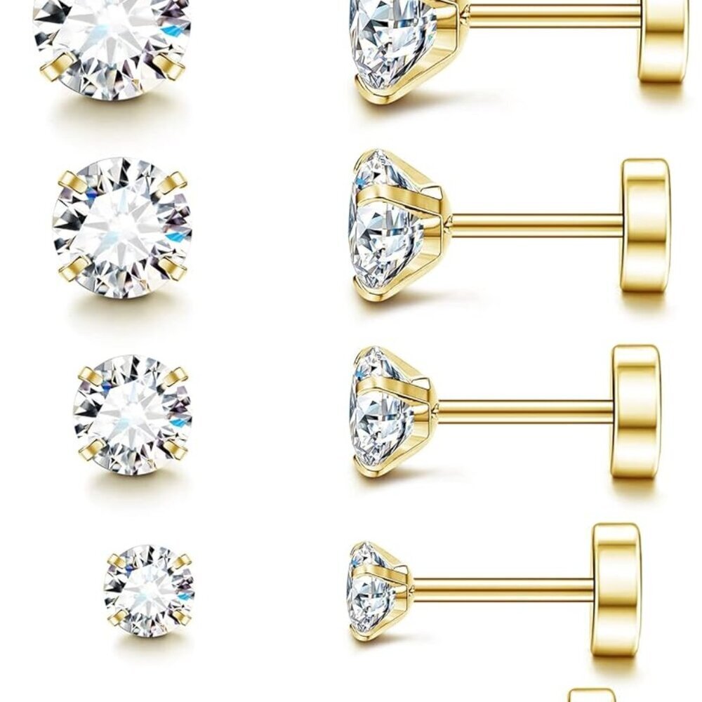14K Gold-Plated Hypoallergenic Flat Back Stud Earrings Set – 7 Sizes Available